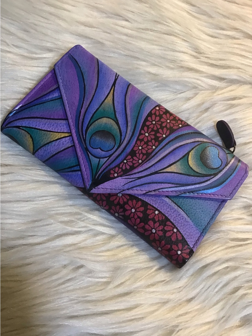 ANUSCHKA leather peacock feather painted wallet